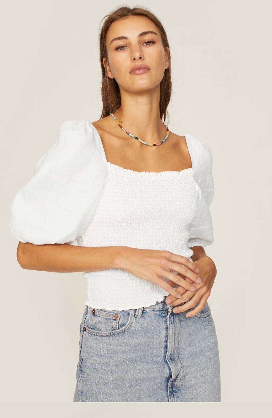 Faherty Frankie 100% Linen White Smocked Crop Top with Puff Sleeves, XL